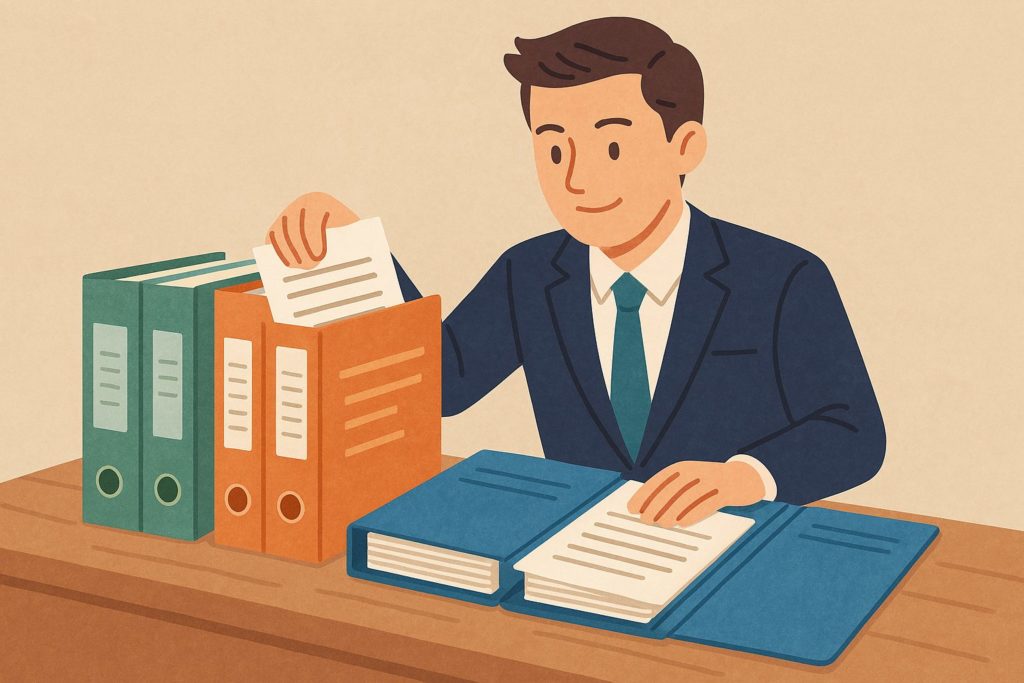 労務管理のために就業規則や契約書などの資料を机上で整理している様子を描いたイラスト