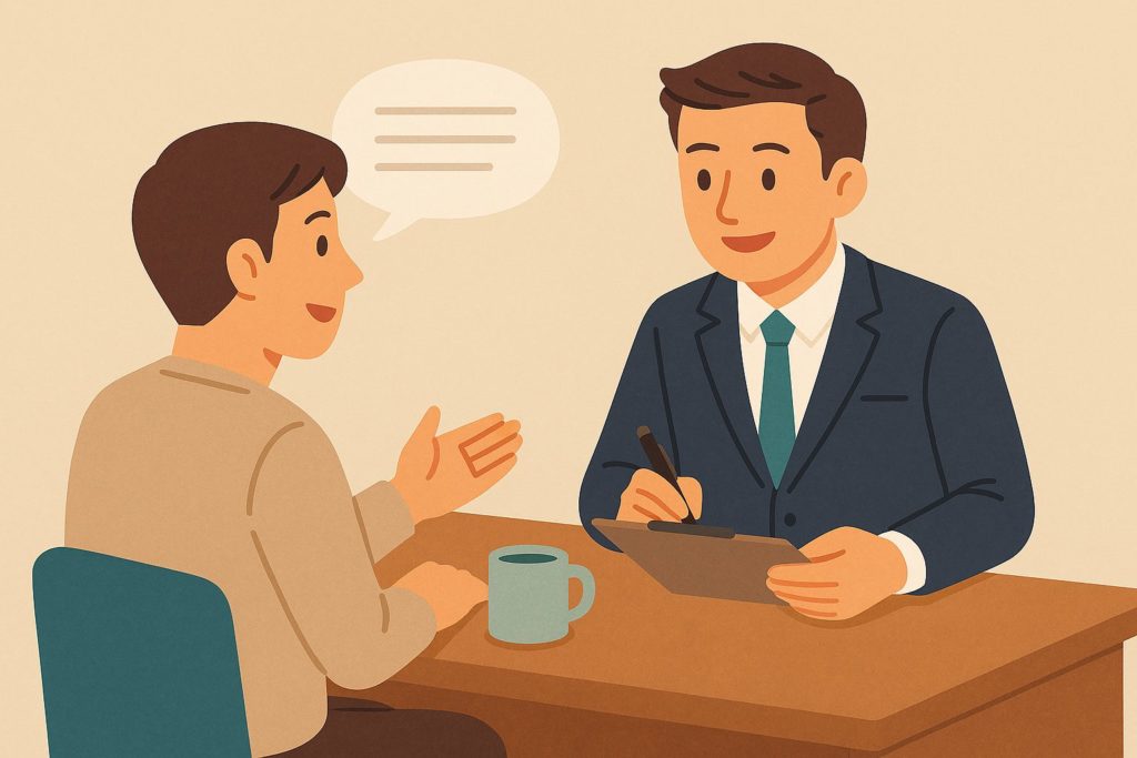 労務管理の優先順位を把握するため、従業員に短時間ヒアリングを行い問題点や改善点を聞き取っている様子を描いたイラスト