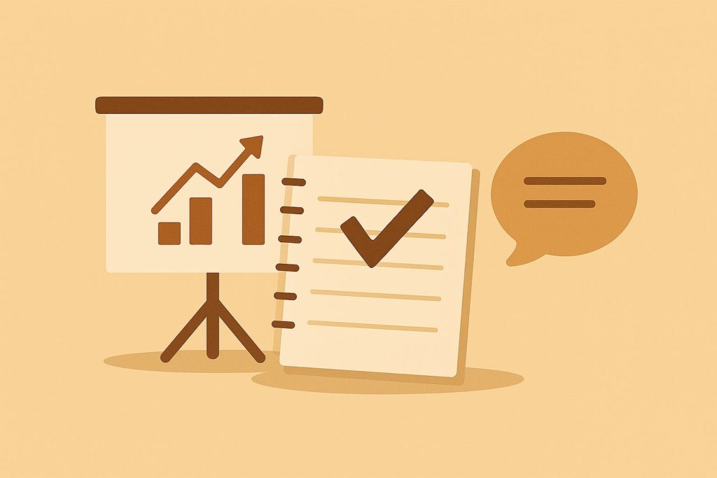 研修や指導の定着をイメージして、ボード・チェックリスト・吹き出しアイコンを組み合わせたイラスト