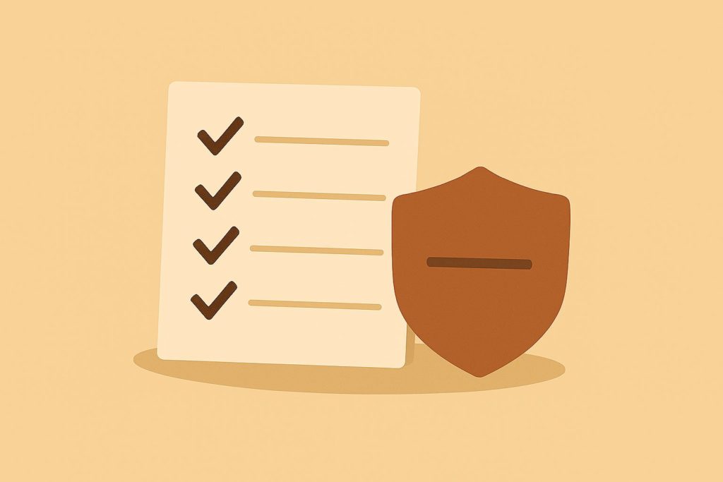 例外対応の基準づくりをイメージした、チェックリストとシールドアイコンを組み合わせたイラスト