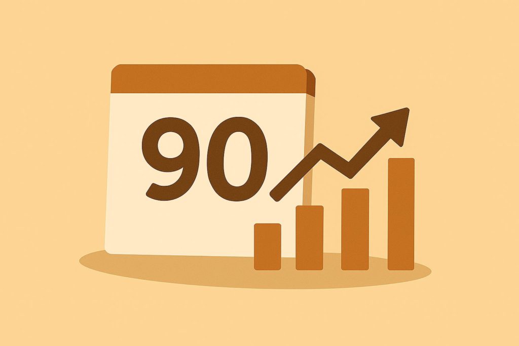 短期間の成果向上をイメージした、カレンダーと上向き矢印のグラフを組み合わせたイラスト