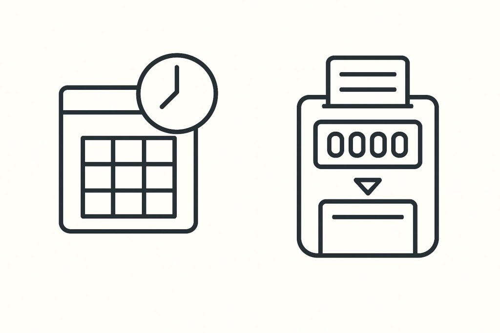 シフト作成と労働時間管理を表すカレンダーのアイコンと打刻や勤怠記録を表すタイムカード機のアイコン
