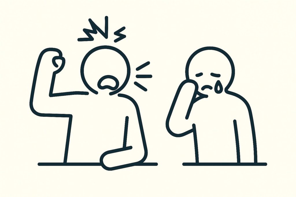 職場で起こり得るハラスメントの一例として、威圧的な言動と相談を示すシンプルな線画アイコン