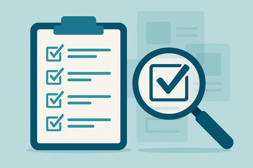 伴走型社労士による課題の見える化を表したイラスト。チェックリストと虫眼鏡で組織課題を整理しているイメージ